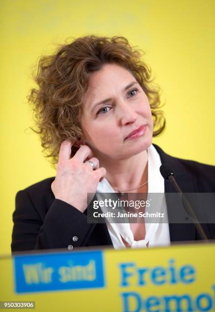 Nicola Beer, the Secretary-General of the Free Democratic Party speaks during a press conference on April 16, 2018 in Berlin, Germany.