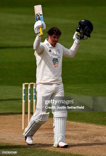 Sam Northeast of Hampshire celebrates reaching 100 runs during the Specsavers County Championship: Division One match between Surrey and Hampshire on...