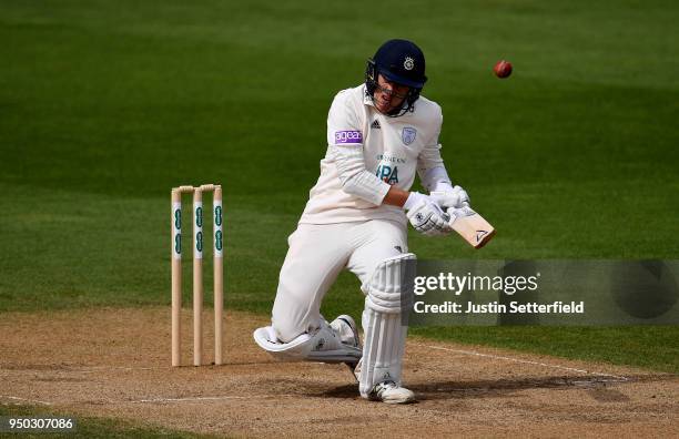 Brad Wheal of Hampshire is hit on the helmet during the Specsavers County Championship: Division One match between Surrey and Hampshire on Day 4 at...