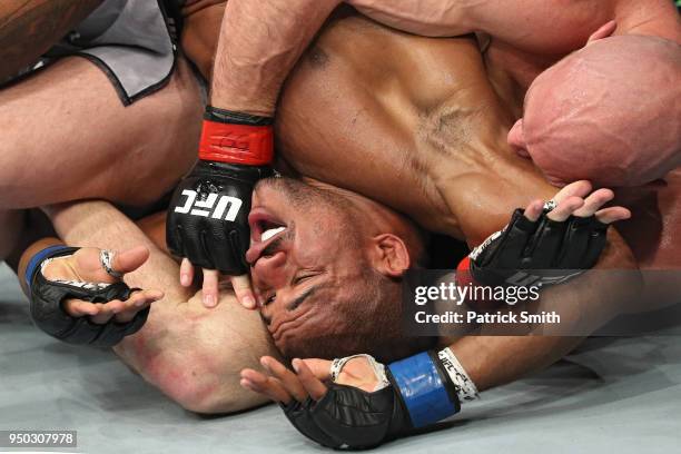 Alex Garcia is held down by Ryan LaFlare in their welterweight fight during the UFC Fight Night event at the Boardwalk Hall on April 21, 2018 in...