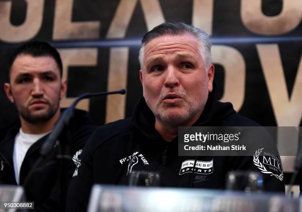 Trainer Peter Fury talks to the media during a press conference ahead of the fight between Hughie Fury and Sam Sexton at Macron Stadium on April 23,...
