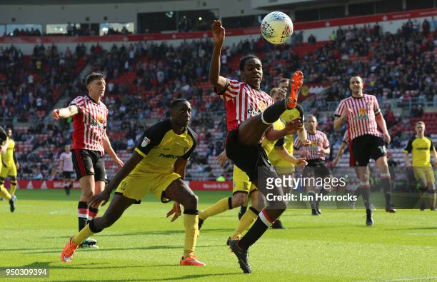 Joel Asoro of Sunderland tries to control the ball during the Sky Bet Championship match between Sunderland and Burton Albion at Stadium of Light on...