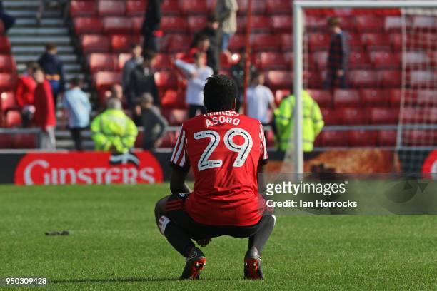 Joel Asoro of Sunderland during the Sky Bet Championship match between Sunderland and Burton Albion at Stadium of Light on April 21, 2018 in...