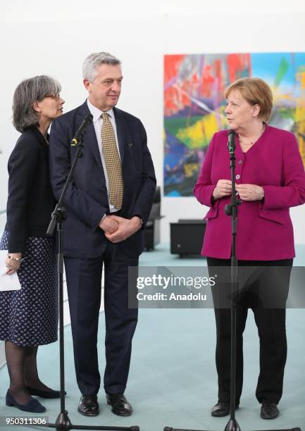 German Chancellor Angela Merkel makes a speech during a joint press conference with UN High Commissioner for Refugees Filippo Grandi following their...