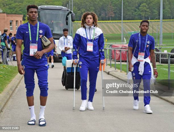 Dujon Sterling, Ethan Ampadu and Daishawn Redan of Chelsea arrive for the Chelsea FC v FC Barcelona UEFA Youth League Final at Colovray Sports Centre...