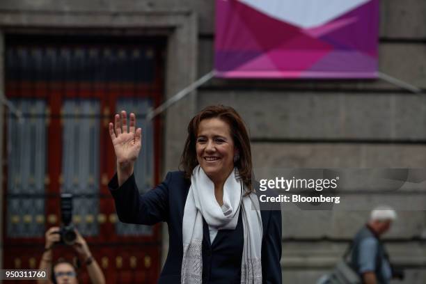 Margarita Zavala, Independent party presidential candidate, waves as she arrives for the first presidential debate in Mexico City, Mexico, on Sunday,...