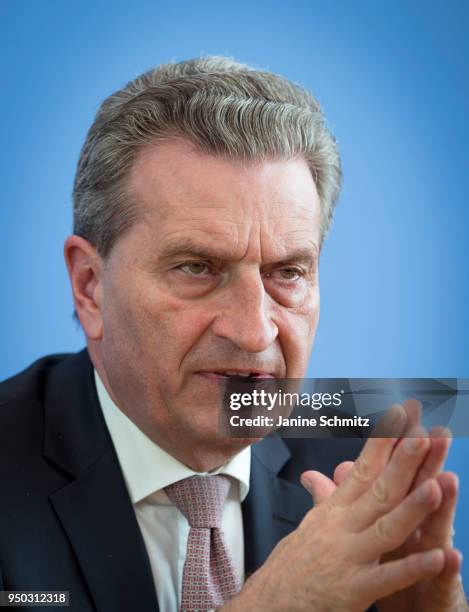 Guenther Oettinger, Commissioner for Budget and Human Resources for the European Union , speaks during a press conference on April 19, 2018 in...