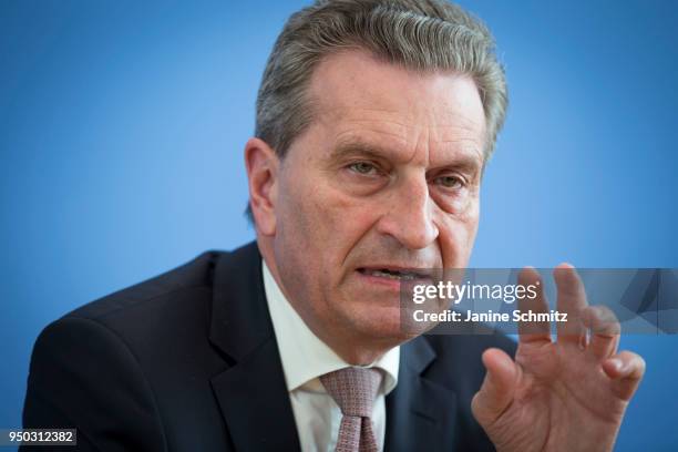 Guenther Oettinger, Commissioner for Budget and Human Resources for the European Union , speaks during a press conference on April 19, 2018 in...