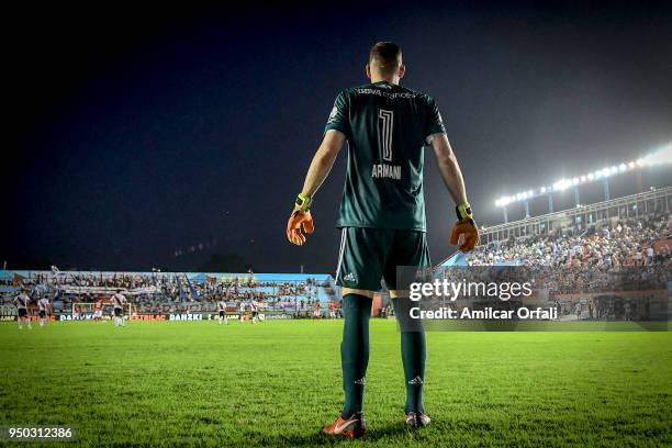 Franco Armani goalkeeper of River Plate looks on during a match between Arsenal and River Plate as part of Argentina Superliga 2017/18 at Julio...