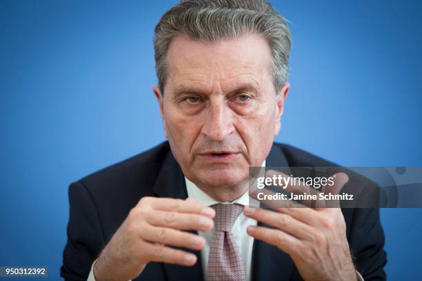 Guenther Oettinger, Commissioner for Budget and Human Resources for the European Union , speaks during a press conference on April 19, 2018 in...