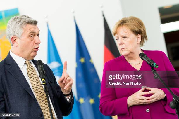 German Chancellor Angela Merkel and United Nations High Commissioner for Refugees Filippo Grandi give a statement to the press prior to a meeting at...