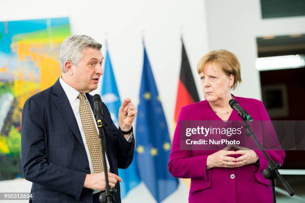 German Chancellor Angela Merkel and United Nations High Commissioner for Refugees Filippo Grandi give a statement to the press prior to a meeting at...