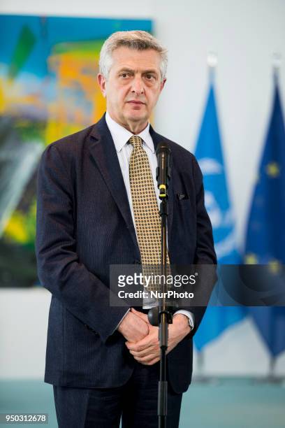 United Nations High Commissioner for Refugees Filippo Grandi is pictured as he gives a statement to the press together with German Chancellor Angela...