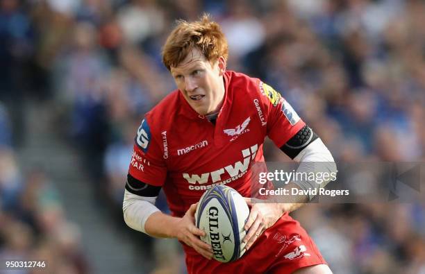 Rhys Patchell of the Scarlets runs with the ball during the European Rugby Champions Cup Semi-Final match between Leinster Rugby and Scarlets at...