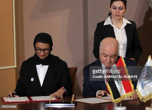 Minister of Culture and Knowledge Development Noura al-Kaabi and Iraqi Minister of Culture Firiyad Rawanduzi sign an agreement on the reconstruction...