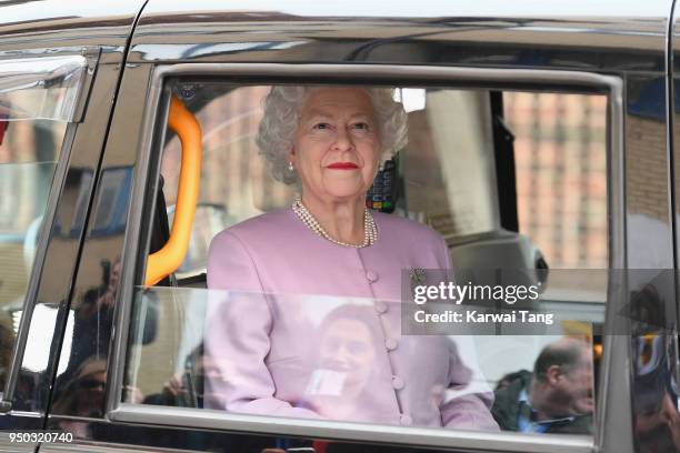 Queen Elizabeth II waxwork arrives in a black cab outside the Lindo Wing at St Mary's Hospital following the announcement that Catherine, Duchess of...