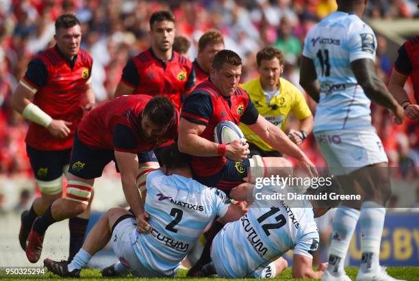 Bordeaux , France - 22 April 2018; CJ Stander of Munster, supported by team-mate Jean Kleyn, is tackled by Camille Chat, and Henry Chavancy of Racing...