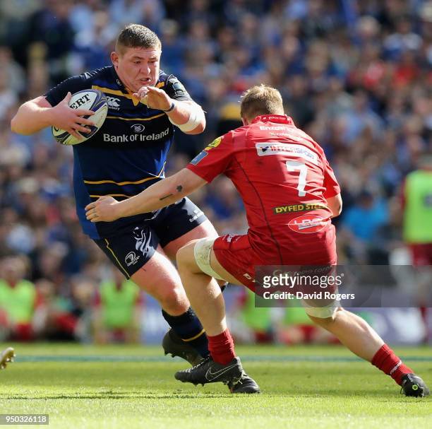 Tadhg Furlong of Leinster takes on James Davies during the European Rugby Champions Cup Semi-Final match between Leinster Rugby and Scarlets at Aviva...