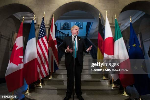 British Foreign Secretary Boris Johnson holds media availability during the G7 Foreign Minister meeting in Toronto, Ontario on April 23, 2018. - The...