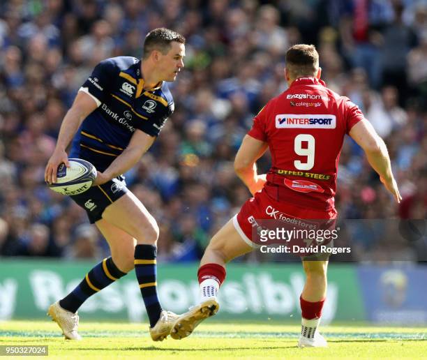 Jonathan Sexton of Leinster passes the ball during the European Rugby Champions Cup Semi-Final match between Leinster Rugby and Scarlets at Aviva...