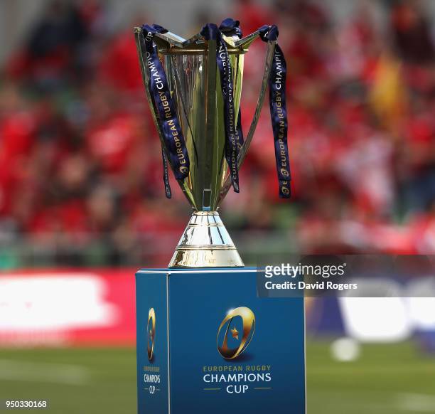 The Champions Cup during the European Rugby Champions Cup Semi-Final match between Leinster Rugby and Scarlets at Aviva Stadium on April 21, 2018 in...