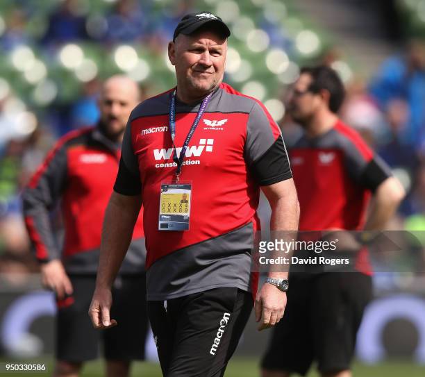 Wayne Pivac, the Scarlets head coach looks on during the European Rugby Champions Cup Semi-Final match between Leinster Rugby and Scarlets at Aviva...
