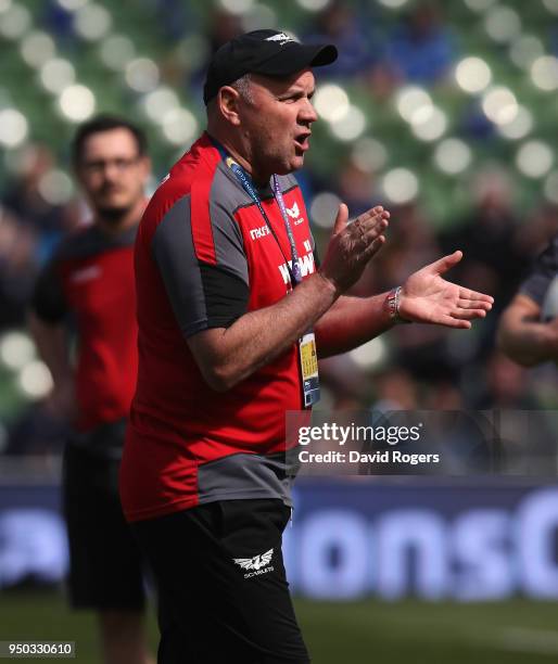 Wayne Pivac, the Scarlets head coach looks on during the European Rugby Champions Cup Semi-Final match between Leinster Rugby and Scarlets at Aviva...