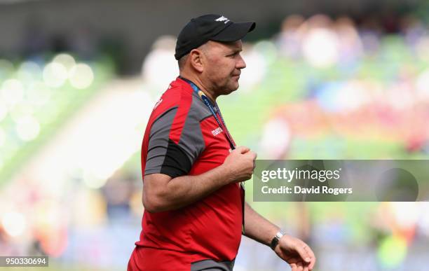 Wayne Pivac, the Scarlets head coach looks on during the European Rugby Champions Cup Semi-Final match between Leinster Rugby and Scarlets at Aviva...