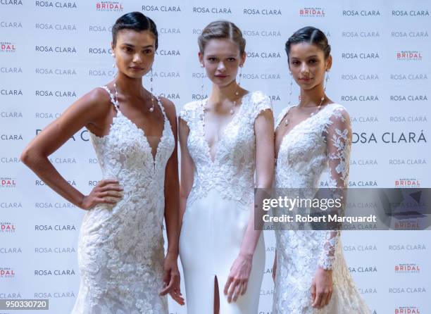 Daniela Braga, Matiu and Bruna Lirio pose backstage during a Rosa Clara fitting for Barcelona Bridal Week 2018 on April 23, 2018 in Barcelona, Spain.