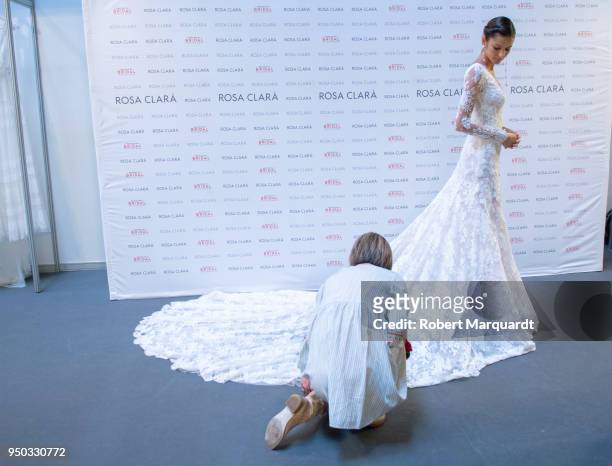Bruna Lirio poses backstage during a Rosa Clara fitting for Barcelona Bridal Week 2018 on April 23, 2018 in Barcelona, Spain.