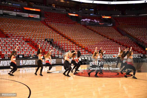 The Miami Heat dancers practice their routine before Game Four of Round One of the 2018 NBA Playoffs between the Miami Heat and the Philadelphia...