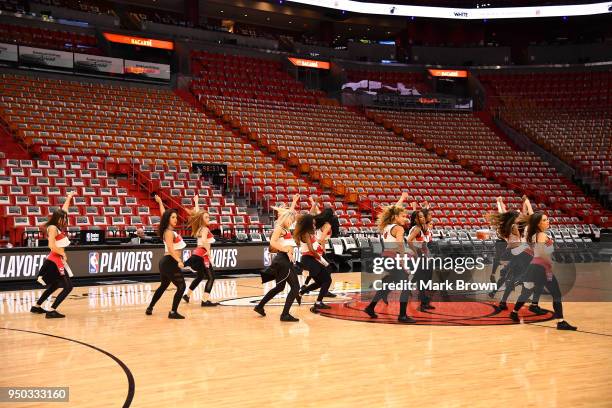 The Miami Heat dancers practice their routine before Game Four of Round One of the 2018 NBA Playoffs between the Miami Heat and the Philadelphia...