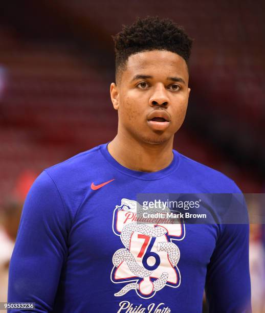 Markelle Fultz of the Philadelphia 76ers warms up before Game Four of Round One of the 2018 NBA Playoffs against the Miami Heat at American Airlines...