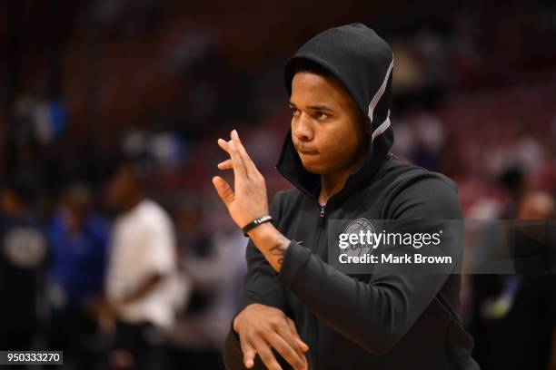 Markelle Fultz of the Philadelphia 76ers in Nike gear during warm ups before game Game Four of Round One of the 2018 NBA Playoffs between the Miami...