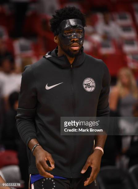 Detailed view of the protective mask worn by Joel Embiid of the Philadelphia 76ers during warm ups before game Game Four of Round One of the 2018 NBA...