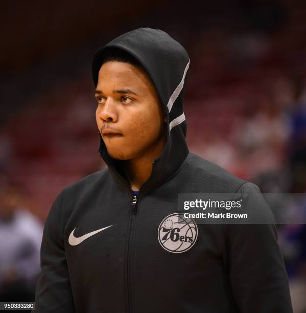 Markelle Fultz of the Philadelphia 76ers in Nike gear during warm ups before game Game Four of Round One of the 2018 NBA Playoffs between the Miami...