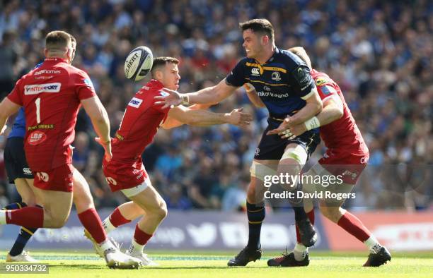 James Ryan of Leinster off loads the ball during the European Rugby Champions Cup Semi-Final match between Leinster Rugby and Scarlets at Aviva...