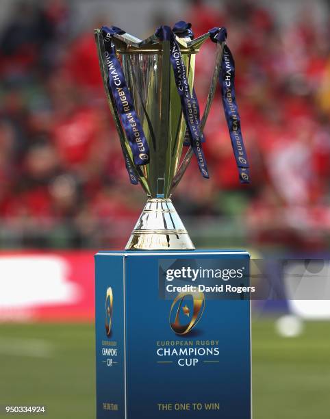 The Champions Cup during the European Rugby Champions Cup Semi-Final match between Leinster Rugby and Scarlets at Aviva Stadium on April 21, 2018 in...