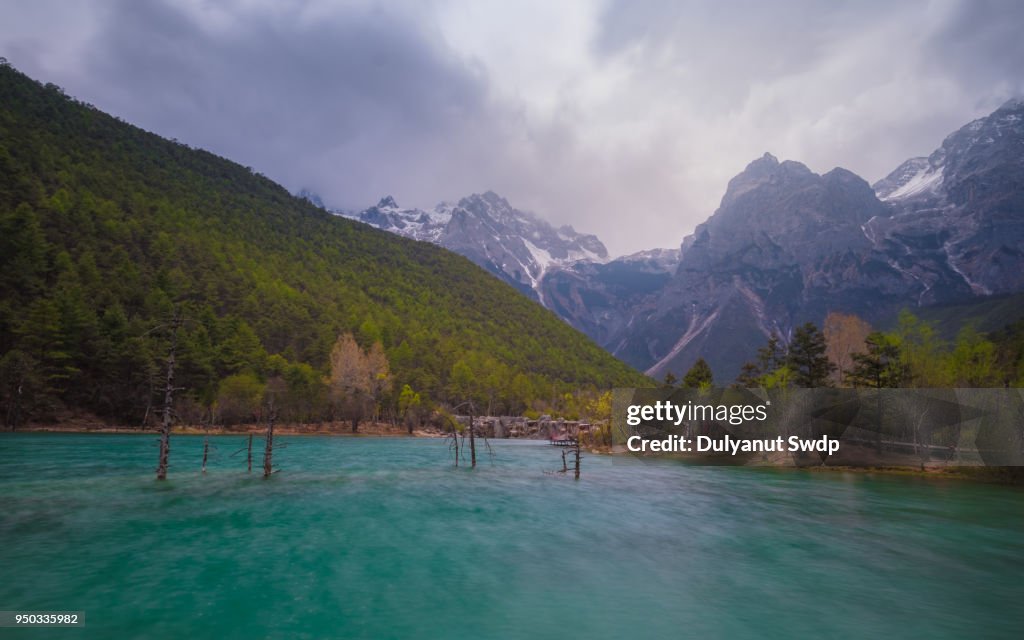 Blue moon Valley , White Water River waterfall and Jade Dragon Snow Mountain, Lijiang, Yunnan China.