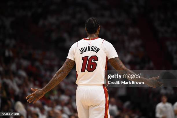 James Johnson of the Miami Heat in action in the third quarter against the Philadelphia 76ers during Game Four of Round One of the 2018 NBA Playoffs...