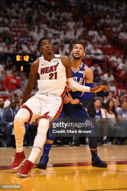 Ben Simmons of the Philadelphia 76ers boxes out Hassan Whiteside of the Miami Heat in the first quarter during Game Four of Round One of the 2018 NBA...
