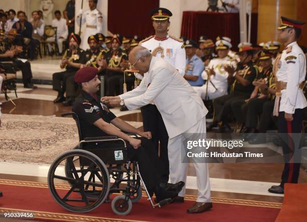 Lance Naik Kashmir Singh, 17th Battalion the Jammu and Kashmir Rifles received Shaurya Chakra from President Ram Nath Kovind during the Defense...