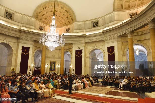 People attend the Defense Investiture Ceremony at Rashtrapati Bhawan, on April 23, 2018 in New Delhi, India.