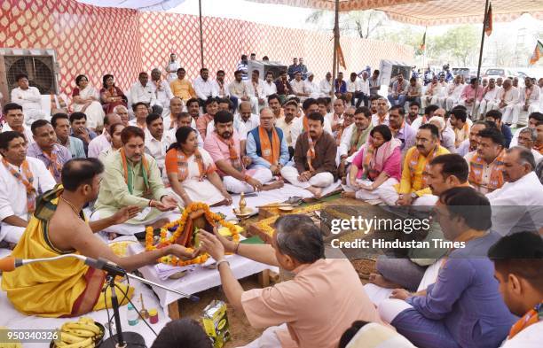 Haryana BJP president Subhash Barala with other leaders during Bhoomi Pujan for BJP office building, in Silokhra village, on April 23, 2018 in...