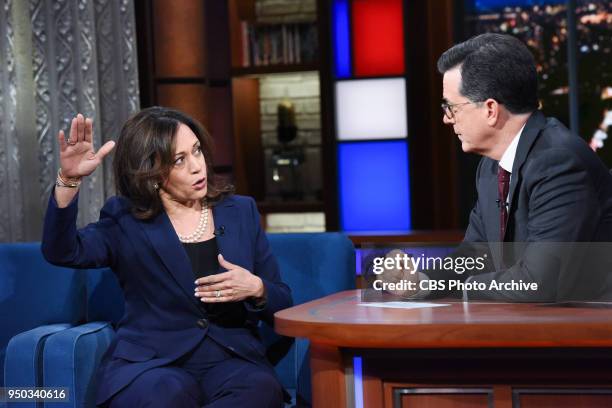 The Late Show with Stephen Colbert and guest Sen. Kamala Harris during Thursday's April 19, 2018 show.