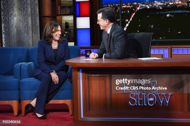 The Late Show with Stephen Colbert and guest Sen. Kamala Harris during Thursday's April 19, 2018 show.