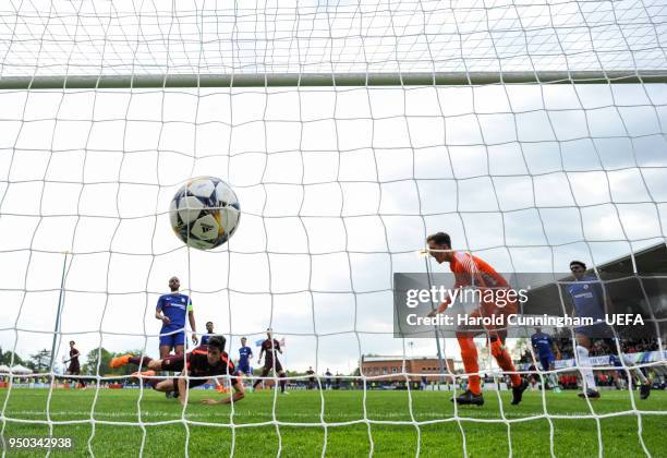 Alejandro Marques of FC Barcelona scores his side's first goal during the UEFA Youth League Final between Chelsea FC and FC Barcelona at Colovray...