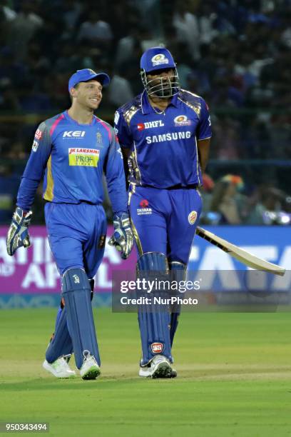 Mumbai Indians batsman Kieron Pollard and Rajasthan Royals Jos butler at Sawai Mansingh Stadium in Jaipur on 22 April,2018.