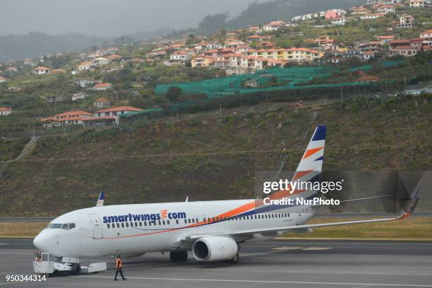 SmartWings, a Czech airline Travel Service plane seen preparing to take off from Cristiano Ronaldo Madeira International Airport, as flights been...