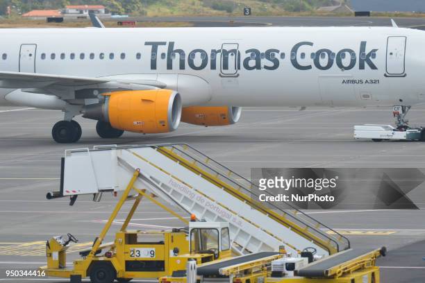 Thomas Cook, a British global travel company plane seen grounded at Cristiano Ronaldo Madeira International Airport, as flights been cancelled and...